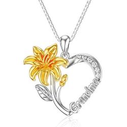 LONAGO Necklace for Grandma 925 Sterling Silver Lily Flower Heart Necklace I Love You Grandmother Nana Pendant Women Jewelry Birthday Gift