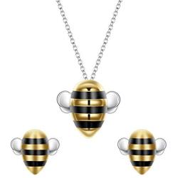 EleQueen 925 Sterling Silver Cute Bee Pendant Choker Necklaces Stud Earrings Jewelry Sets