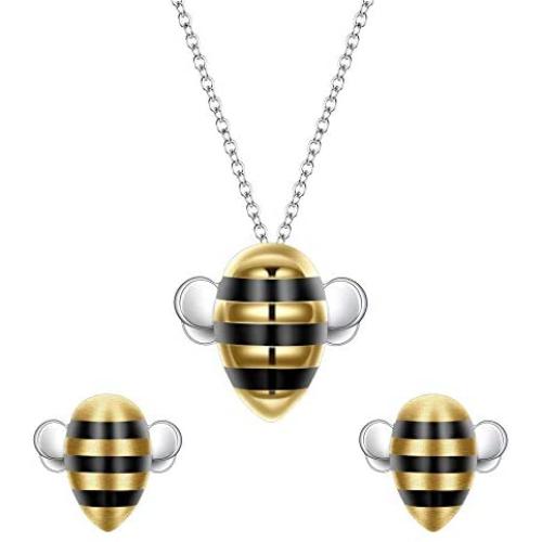 EleQueen 925 Sterling Silver Cute Bee Pendant Choker Necklaces Stud Earrings Jewelry Sets