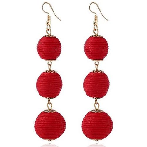 IDB Threaded Ball Dangle Hook Earrings - Large Bohemia Pom Pom Style Earrings - Approx 3 9/16 inch drop - Multiple Colors Available