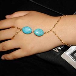 Bmadge Boho Turquoise Slave Bracelet Gold Beach Bracelet Ring Chain Finger Bracelet Hand Chain Jewelry Summer Friendship Gift for Women and Girls