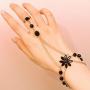 Chicque Boho Hand Chain Gold Rhinestone Finger Ring Black Flower Hand Bracelet Hand Jewelry for Women and Girls
