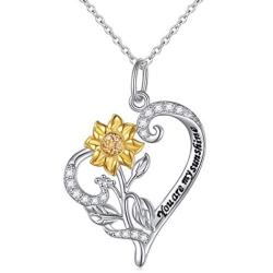 Sterling Silver You Are My Sunshine Sunflower CZ Heart Pendant Necklace 18'' for Girls Women