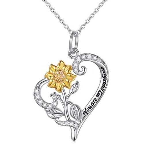 Sterling Silver You Are My Sunshine Sunflower CZ Heart Pendant Necklace 18'' for Girls Women