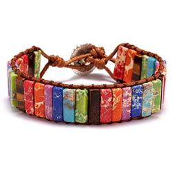 Imperial Jasper Chakra Bracelet Handmade Leather Sunflower Button Adjustable Wrap Bracelet Bohemian Multi Color Woven Natural Stone Yoga Tube Beaded Healing Jewelry for Womens Girls Friendship