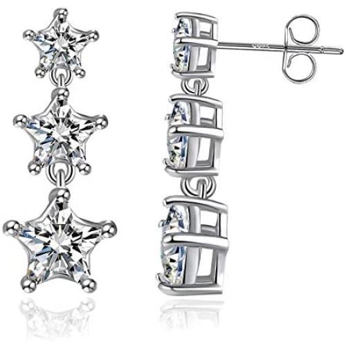 Women Stud Earring 925 Sterling Silver Drop Stud with 18k White Gold Plated 5A Cubic Zirconia Dangle Earring for Women Girls