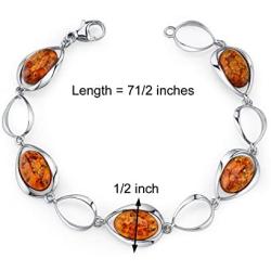 Peora Genuine Baltic Amber Bracelet for Women in Sterling Silver, Rich Cognac Color, Floating Oval Shape, 7 1/2 inches Length