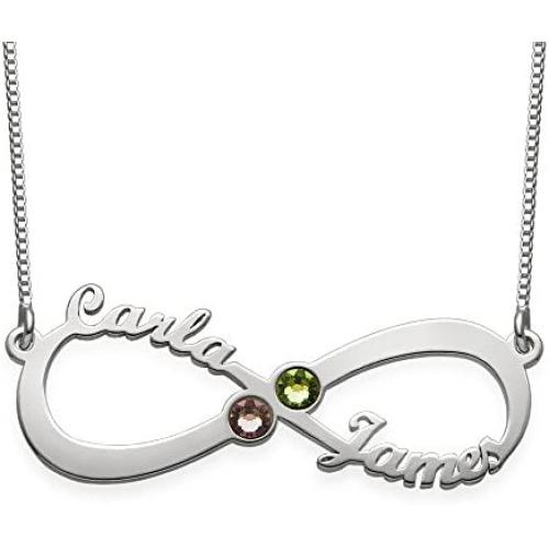 Couples Infinity Name Necklace in Silver with Swarovski Birthstones - Personalized with Any Name