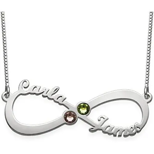 Couples Infinity Name Necklace in Silver with Swarovski Birthstones - Personalized with Any Name Couples Infinity Name Necklace in Silver with Swarovski Birthstones - Personalized with Any Name