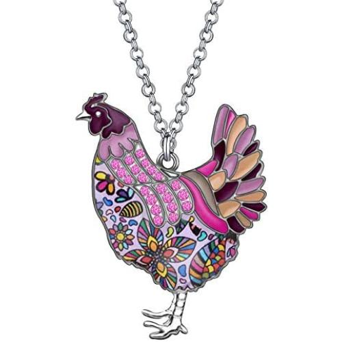 WEVENI Enamel Alloy Rhinestone Chicken Hen Necklace Pendant Chain Jewelry Novelty Gifts for Women Girls Ladies