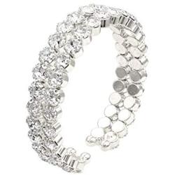 JSEA Womens Silver Tone 6mm Rhinestone Open Cuff Bracelet Bangles Gold Tone Wedding Party Jewelry