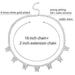 PY Bling Butterfly Necklace Choker Tennis Chain 4mm Rose Gold/White Gold Plated Bling Iced Out CZ Jewelry Gift for Women Teen Girls