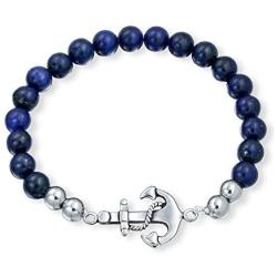 Bling Jewelry Stackable Navy Blue Lapis Lazuli Strand Ball Bead Stretch Nautical Rope Boat Anchor Bracelet for Women Men Silver Tone Stainless Steel