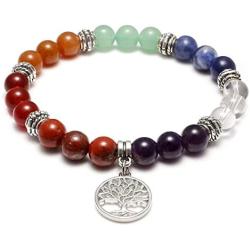 Jovivi 7 Chakra Gemstone Healing Crystal Stretch Bracelet Natural Round Stone Beads Bracelet Yoga Balancing Meditation w/Tree of Life Lotus Charm
