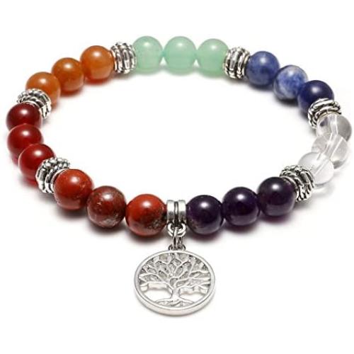 Jovivi 7 Chakra Gemstone Healing Crystal Stretch Bracelet Natural Round Stone Beads Bracelet Yoga Balancing Meditation w/Tree of Life Lotus Charm