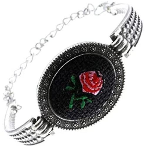 Adjustable Embroidered Bracelet for Women Charm Jewelry / Rose Flowers Design on the Top of a Stone / Boho Bohemian Baroque Bangle Cuff / Silver Color Alloy Dainty / Perfect for Women and Girls