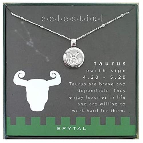 EFYTAL Best Friend Birthday Gifts, 925 Sterling Silver Bezel Edge Taurus Necklace, Zodiac Necklaces, Friendship Gift for Bridesmaids, Bridal Party Friend Group Jewelry