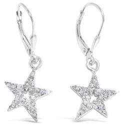 925 Solid Sterling Silver Dangling Cubic Zirconia Little Star Earrings - CZ Dangle Small Jewelry