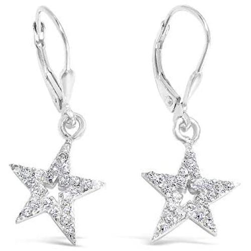 925 Solid Sterling Silver Dangling Cubic Zirconia Little Star Earrings - CZ Dangle Small Jewelry