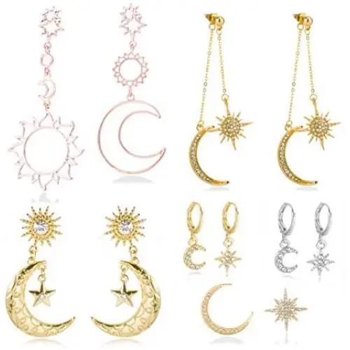 YOUJINYU Moon Star Earrings For Teen Girls Sun And Moon Earrings For Women 6 Pairs