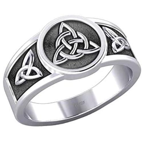 US Jewels Mens 0.925 Sterling Silver Irish Celtic Trinity & Triquetra Knots Ring Band