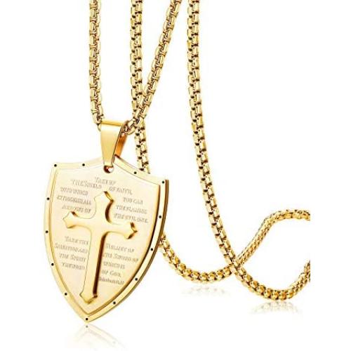 Finrezio Cross Necklace for Men Shield Armor of God Ephesians 6:16-17,Stainless Steel Faith Pendant Necklace Christian Jewelry