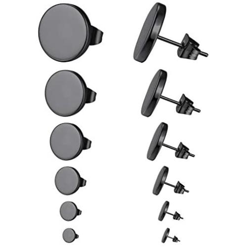 GoldChic Jewelry 3-12Pairs Stainless Steel Mens Classic Design Bar/Hexagon/Geometric/Round Stud Earrings Set Punk Ear Piercing Studs Hypoallergenic (2-12mm) Black/Silver/Gold Color