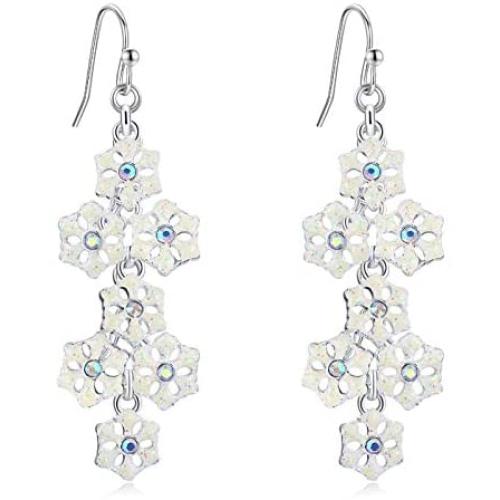 Long Snowflake Earrings for Women Girls Silver Plated Elegant Rhinestone Dangling Sparkly Earrings for Christmas Earrings Gifts Winter Party with Message Card & Velvet Bag