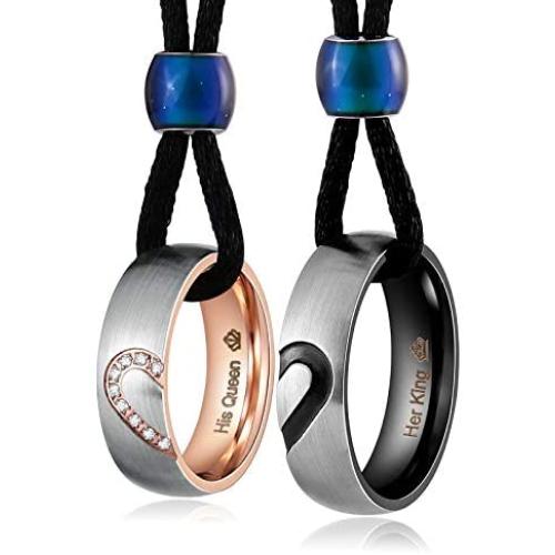 Aienid Couples Necklace for Him and Her Mens Necklace Gold Women Stainless Steel Ring Pendant Heart Wedding Set
