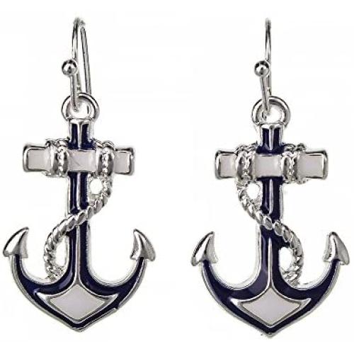 DianaL Boutique Beautiful Silvertone Nautical Anchor Earrings Enameled Gift Boxed Fashion Jewelry