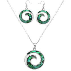 Liavys Ocean Wave Charm Pendant Fashionable Necklace & Earrings Set - Abalone Paua Shell - Fish Hook - 17'' Snake Style Chain - Unique Gift and Souvenir