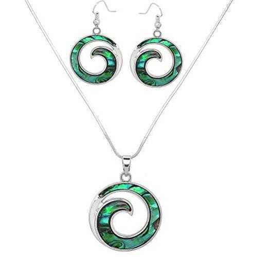 Liavys Ocean Wave Charm Pendant Fashionable Necklace & Earrings Set - Abalone Paua Shell - Fish Hook - 17'' Snake Style Chain - Unique Gift and Souvenir