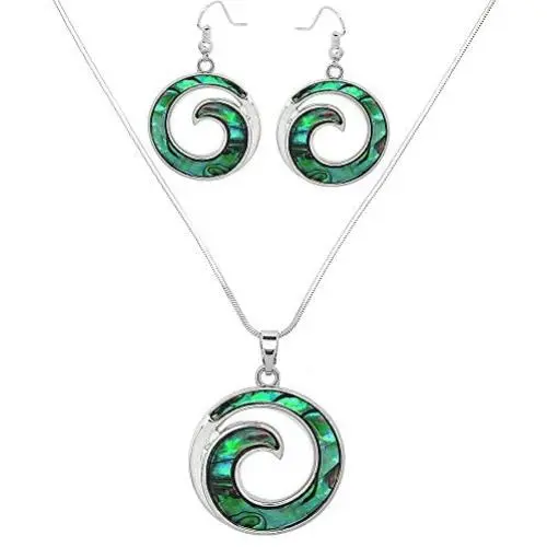 Liavys Ocean Wave Charm Pendant Fashionable Necklace & Earrings Set - Abalone Paua Shell - Fish Hook - 17'' Snake Style Chain - Unique Gift and Souvenir Liavys Ocean Wave Charm Pendant Fashionable Necklace & Earrings Set - Abalone Paua Shell - Fish Hook - 17'' Snake Style Chain - Unique Gift and Souvenir