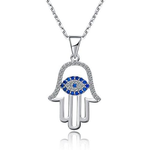 sloong 925 Sterling Silver Evil Eye Hamsa White Blue Cz Womens Pendant Necklace…