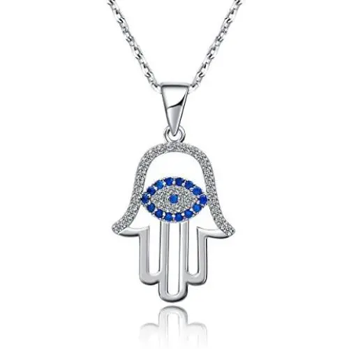 sloong 925 Sterling Silver Evil Eye Hamsa White Blue Cz Womens Pendant Necklace…
