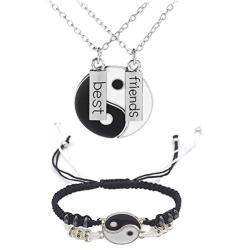 NC 4-12Pcs Yin Yang Tai Chi Gossip Chain Pendant Necklace Bracelet Set Adjustable Cord Braide Couple Matching Beads Bracelet for Women Men Teen Girl Best Friend Friendship Jewelry Gift