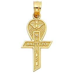 Wellingsale 14K Yellow Gold Polished Milgrain Religious Baptism''Mi Bautizo'' Charm Pendant with Cross