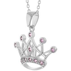 In Season Jewelry Rhodium Plated Princess Crown Necklace Pendant Pink CZ Girls Childrens 16''