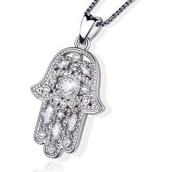 Hamsa Hand Necklace for Women Girls,S925 Sterling Silver Fatima Hand Pendant Necklace Vintage Fatima Evil Eye Pendant Jewelry,Sacred Lotus Charm Jewelry Gift Womens Path of Symbols Friendship