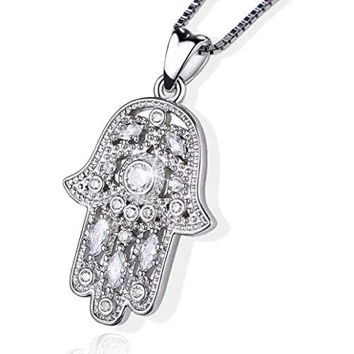 Hamsa Hand Necklace for Women Girls,S925 Sterling Silver Fatima Hand Pendant Necklace Vintage Fatima Evil Eye Pendant Jewelry,Sacred Lotus Charm Jewelry Gift Womens Path of Symbols Friendship