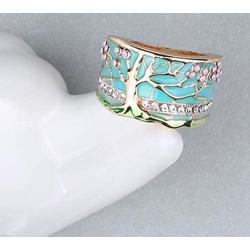 N-A Lucky Flower Tree Rings Gold Pink Opal Green Enamel Wide Ring for Woman Party Crystal Vintage Jewelry