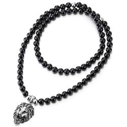 COOLSTEELANDBEYOND Gothic Punk Rock Mens Black Onyx Beads Necklace Stainless Steel Vintage Lion Head Pendant