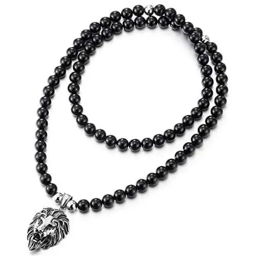 COOLSTEELANDBEYOND Gothic Punk Rock Mens Black Onyx Beads Necklace Stainless Steel Vintage Lion Head Pendant COOLSTEELANDBEYOND Gothic Punk Rock Mens Black Onyx Beads Necklace Stainless Steel Vintage Lion Head Pendant