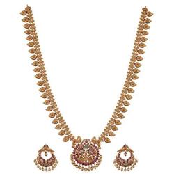 Tarinika Gita Gold-Plated Indian Jewelry Set with Long Necklace and Earrings - White Red Green