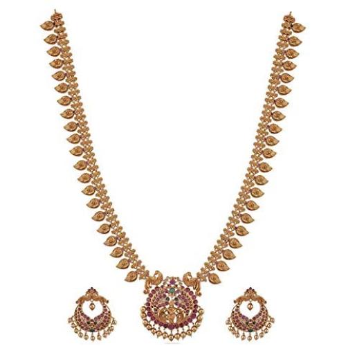 Tarinika Gita Gold-Plated Indian Jewelry Set with Long Necklace and Earrings - White Red Green
