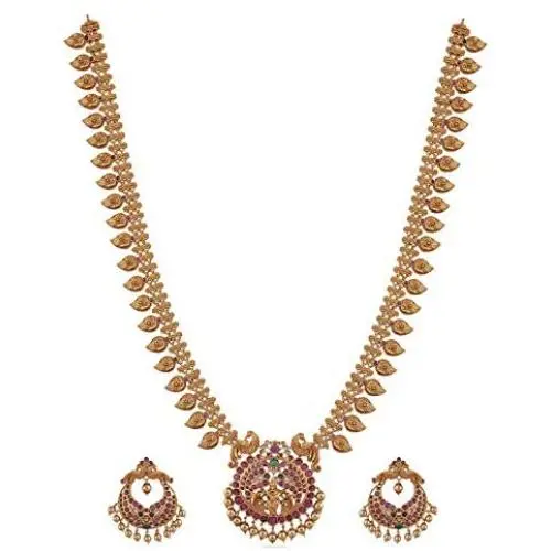 Tarinika Gita Gold-Plated Indian Jewelry Set with Long Necklace and Earrings - White Red Green