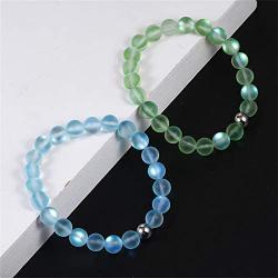 4Pcs Mermaid Beaded Stretchable Bracelet Handwoven Round Glass Bead Bracelets 8mm Multicolor Matte Beads Elastic Chains Shining Moonstone Beads Wristband for Women Girl Valentines Jewelry