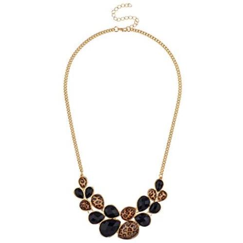 LUX ACCESSORIES Faceted Black Leopard Teardrop Stone Statement Bib Chain Necklace