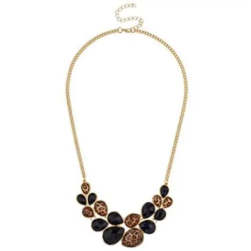 LUX ACCESSORIES Faceted Black Leopard Teardrop Stone Statement Bib Chain Necklace LUX ACCESSORIES Faceted Black Leopard Teardrop Stone Statement Bib Chain Necklace