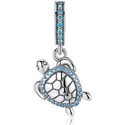 ASELFAD 925 Sterling Silver Blue Crystal Sea Turtle Pendant Charms for Bracelets